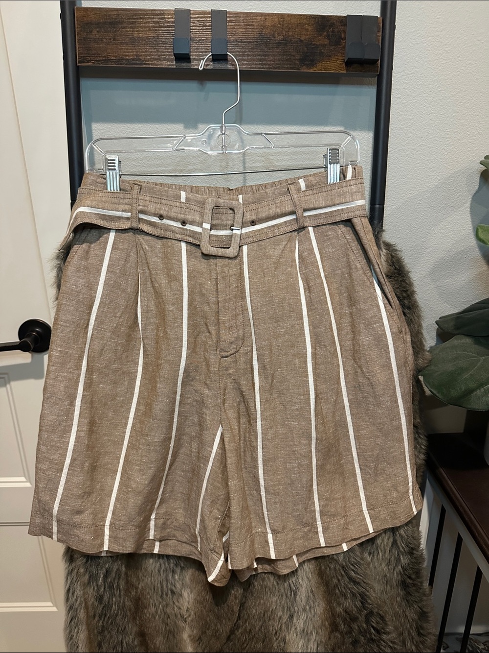 a new day Brown and White Striped Linen Belted Shorts